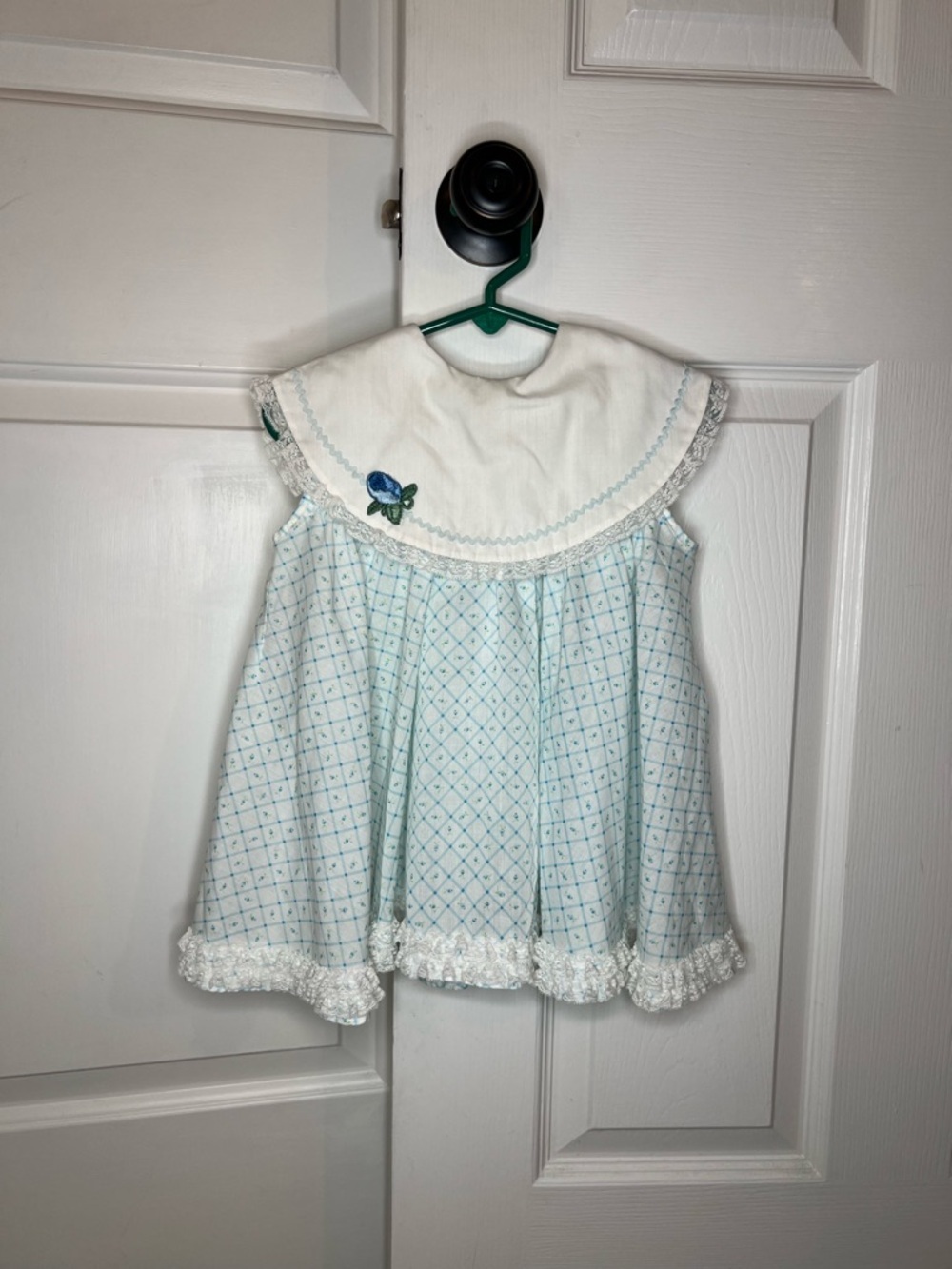 VTG Handmade Baby Toddler Dres Peter Pan Collar Ruffle Accent Blue White 12-18M?